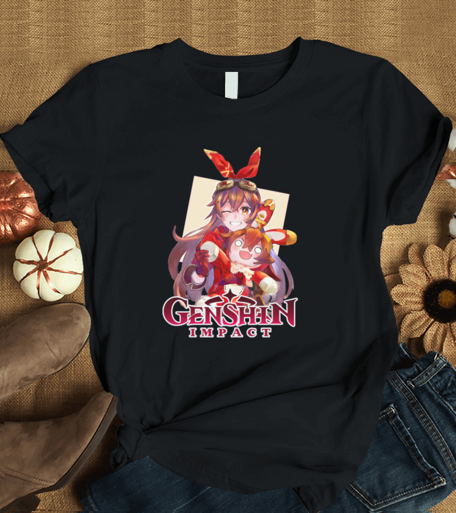 Genshin Impact Amber Character Winking with Baron Bunny T-Shirt
