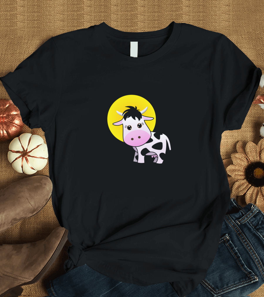 Holy Cow Kawaii Shocked Cow with Yellow Moon T-Shirt