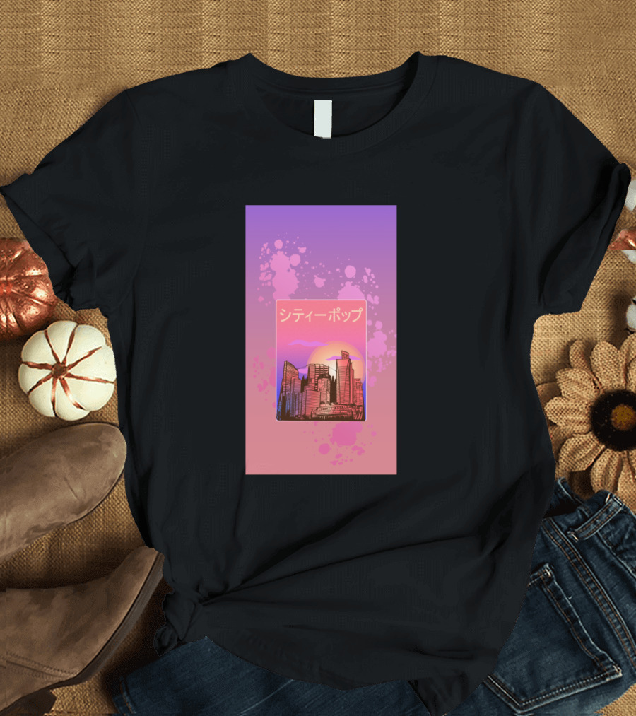 Japanese City Pop 70s 80s Vaporwave Synthwave Aesthetic Sunset Skyline T-Shirt