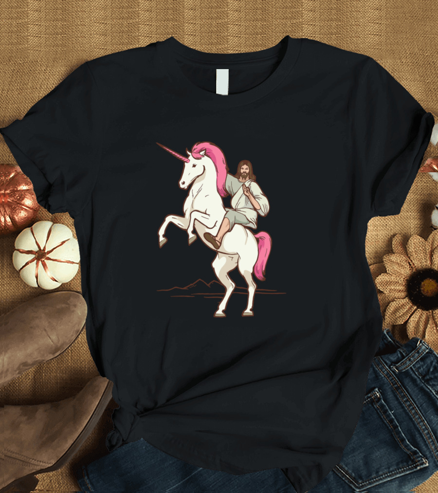 Jesus Christ Riding a White Unicorn with Pink Mane and Tail T-Shirt
