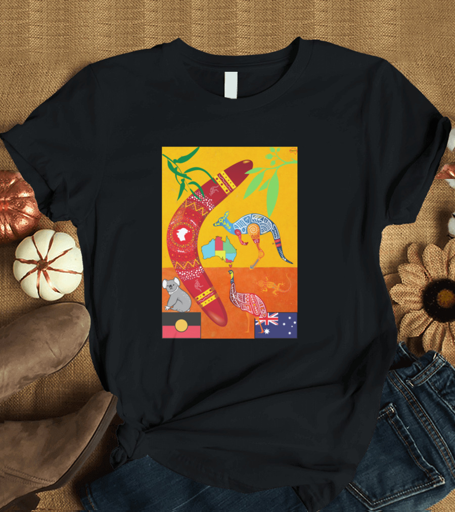 Australian Boomerang Kangaroo Koala Indigenous Map and Flag T-Shirt