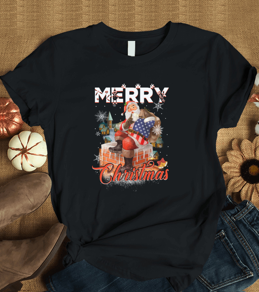 Merry Christmas Santa with American Flag on Chimney T-Shirt