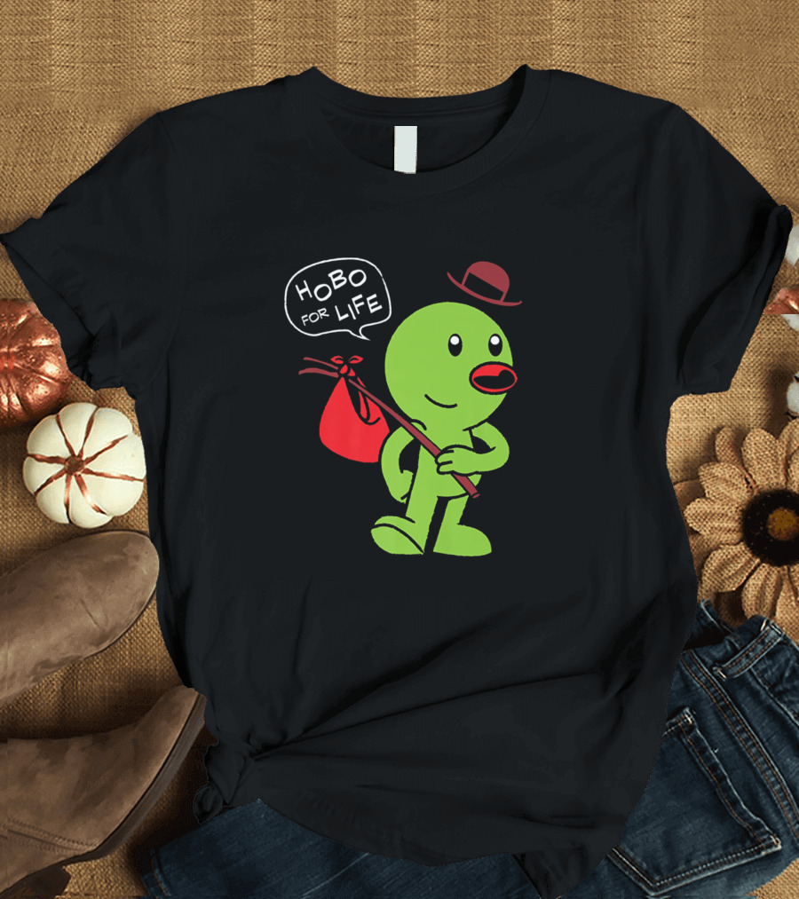 Hobo For Life Green Character with Red Bindle and Bowler Hat T-Shirt