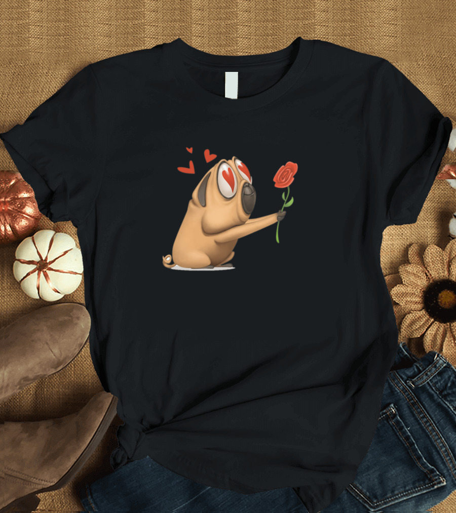 Romantic Dog Hearts and Rose Love Pug T-Shirt