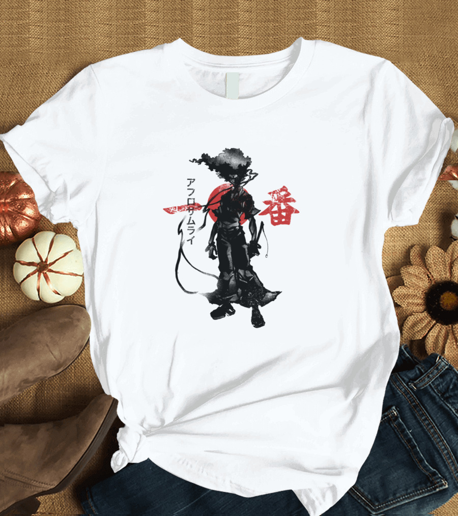 Afro Samurai Iconic Red Sun Japanese Text T-Shirt