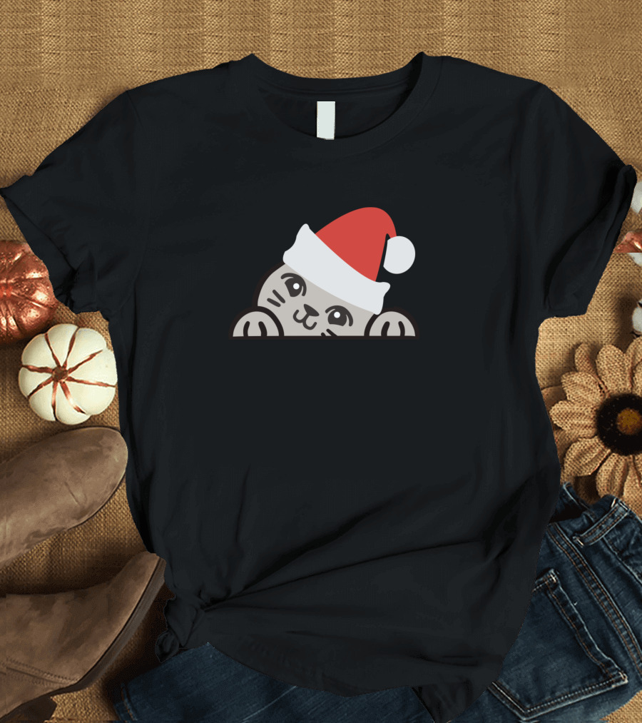 Cute Cat in Santa Hat Peeking T-Shirt