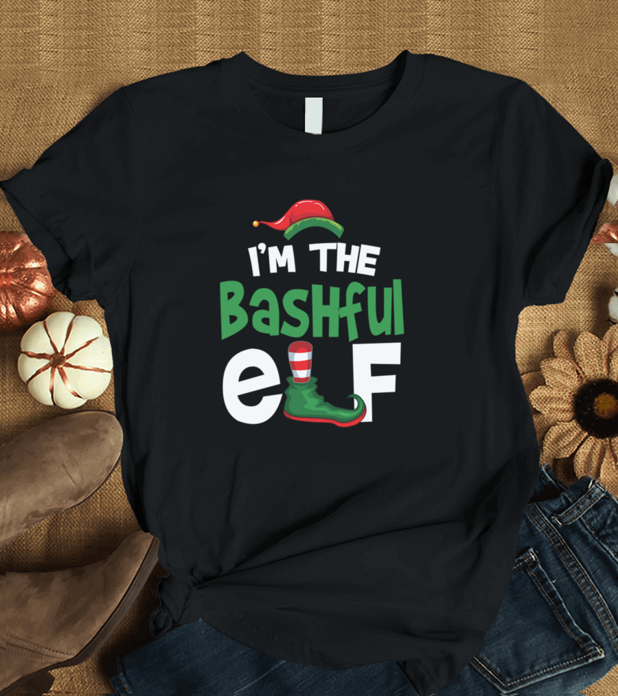 I'm the Bashful Elf Christmas Hat and Green Shoe T-Shirt