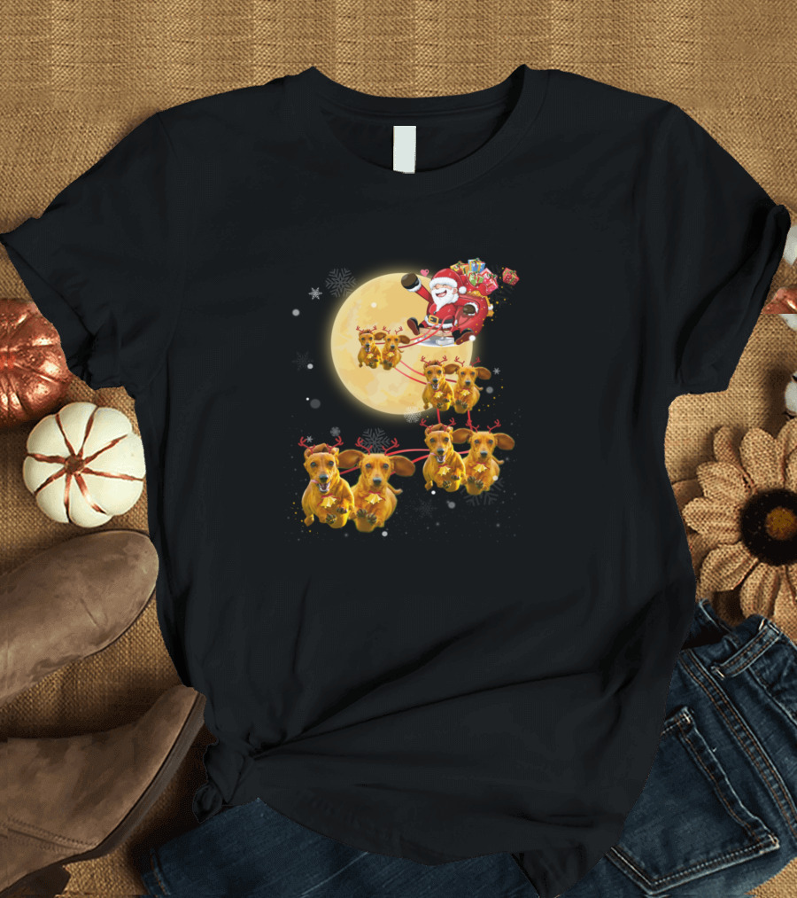 Merry Christmas Santa with Cute Dachshund Reindeer and Moon Scene T-Shirt