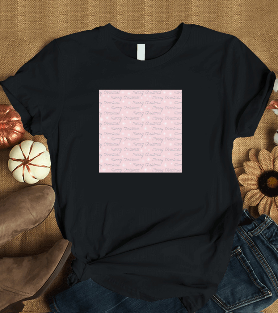 Pretty Pink Merry Christmas Repeated Handwriting with Stars T-Shirt
