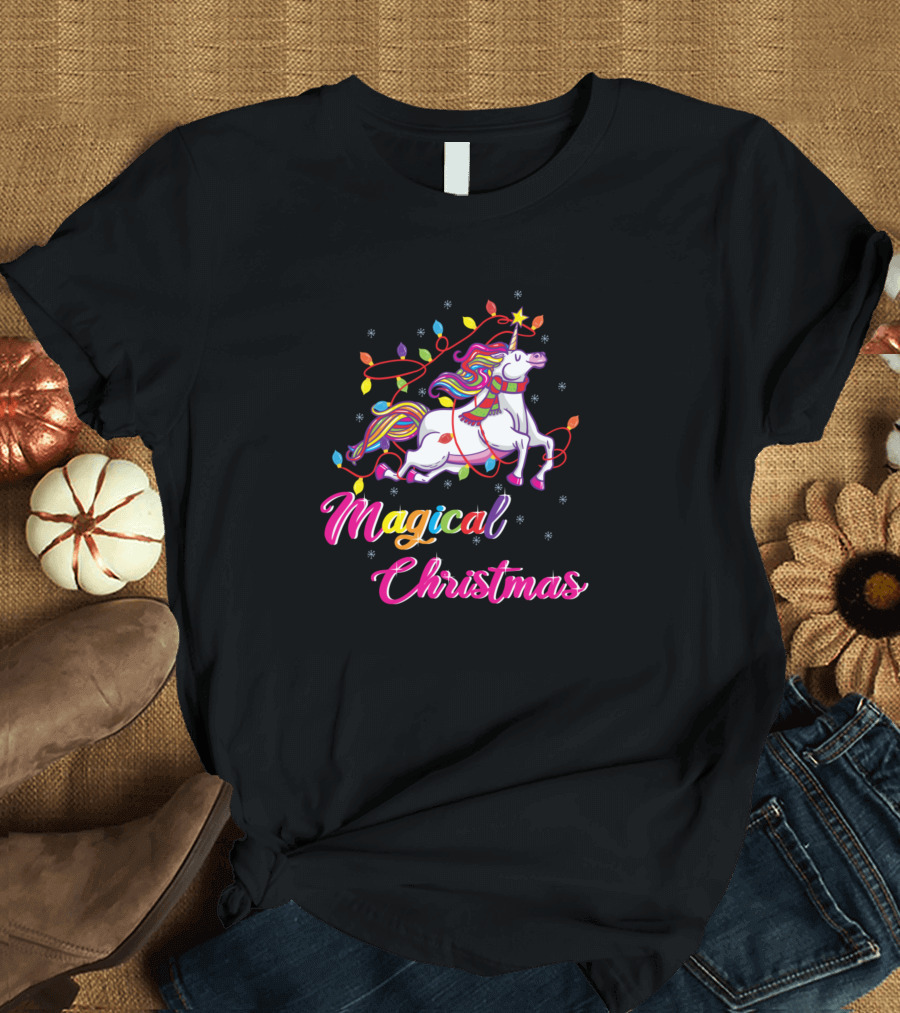 Magical Christmas Unicorn with Colorful Lights T-Shirt