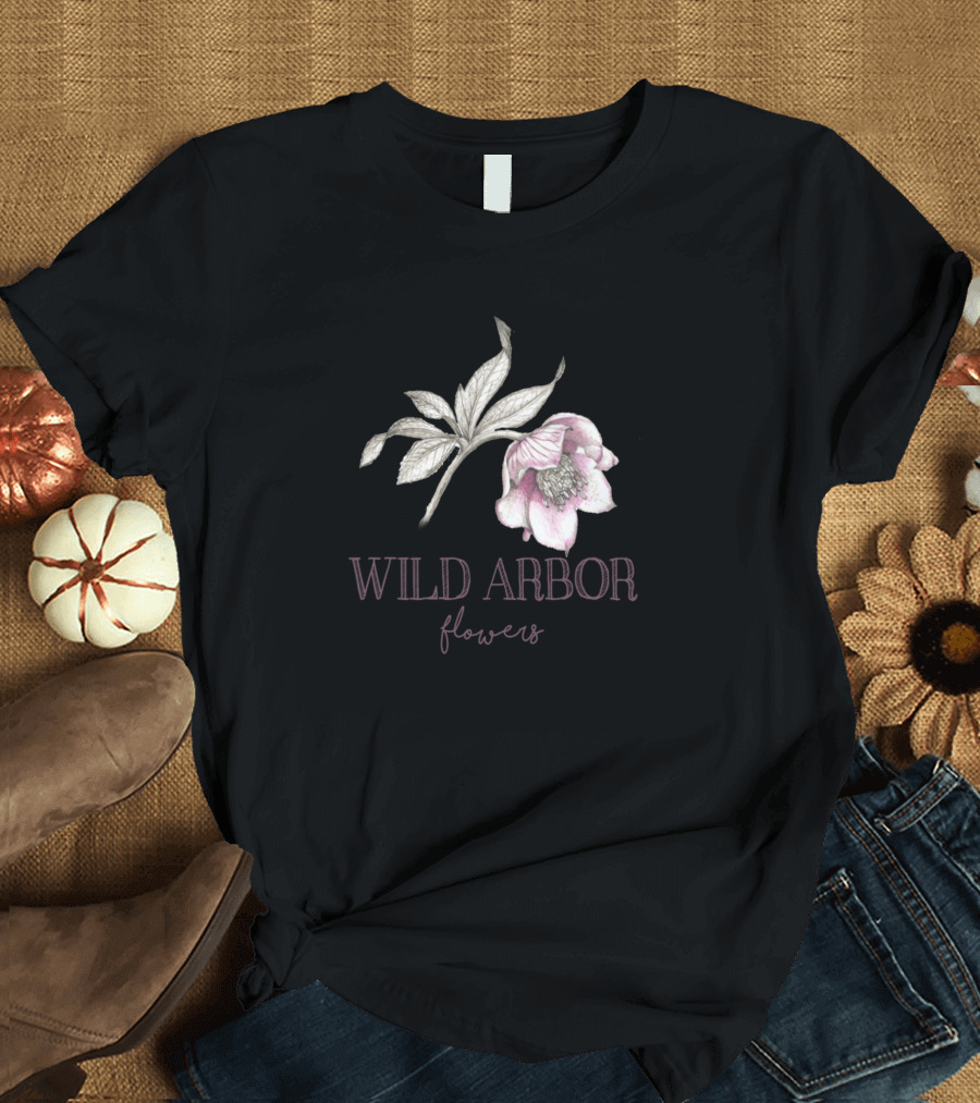 WILD ARBOR Flowers Botanical Illustration Pink Bloom T-Shirt