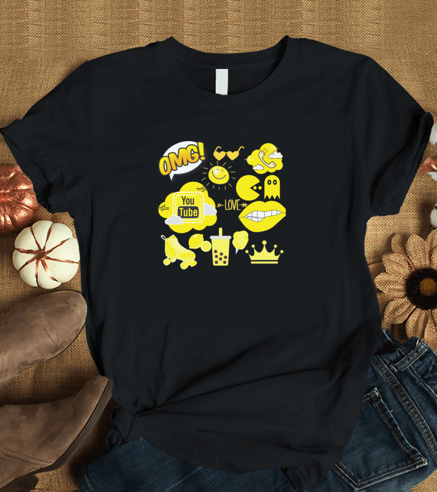 OMG Yellow YouTube Love Pac-Man Roller Skates Boba Crown T-Shirt