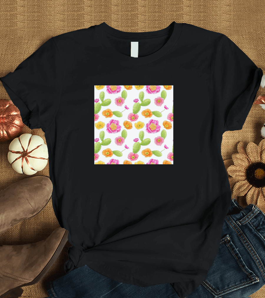 Cactus Floral Watercolor Pattern Pink Orange Yellow Flowers T-Shirt