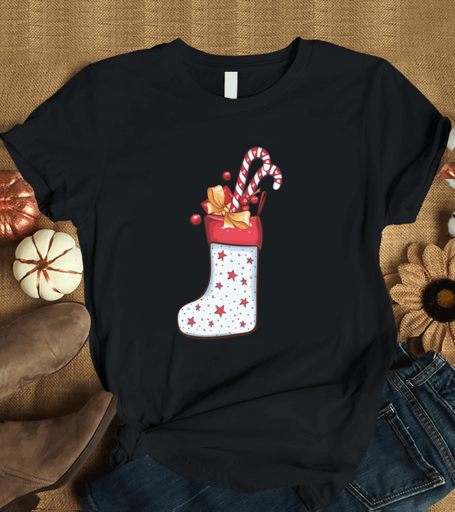 Christmas Stocking with Candy Canes and Stars T-Shirt