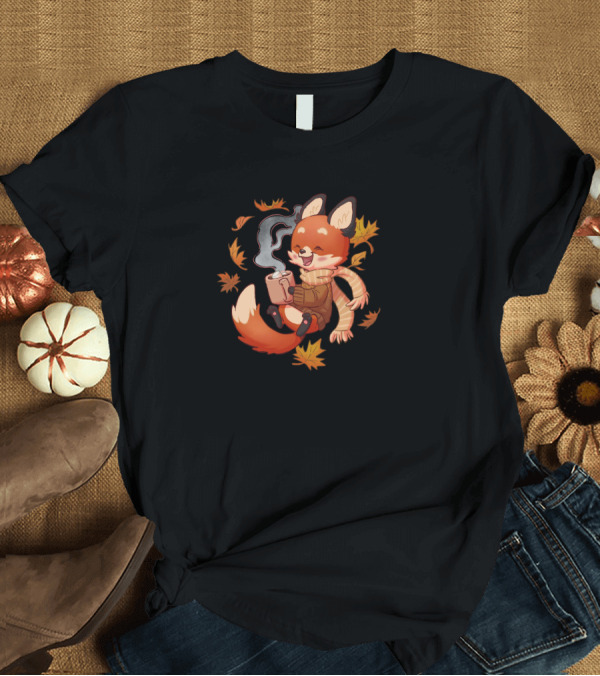 T-Shirt: Cozy Fox Enjoying Fall Leaves with Hot Cocoa T-Shirt Cozy Fox Enjoying Fall Leaves with Hot Cocoa T-Shirt