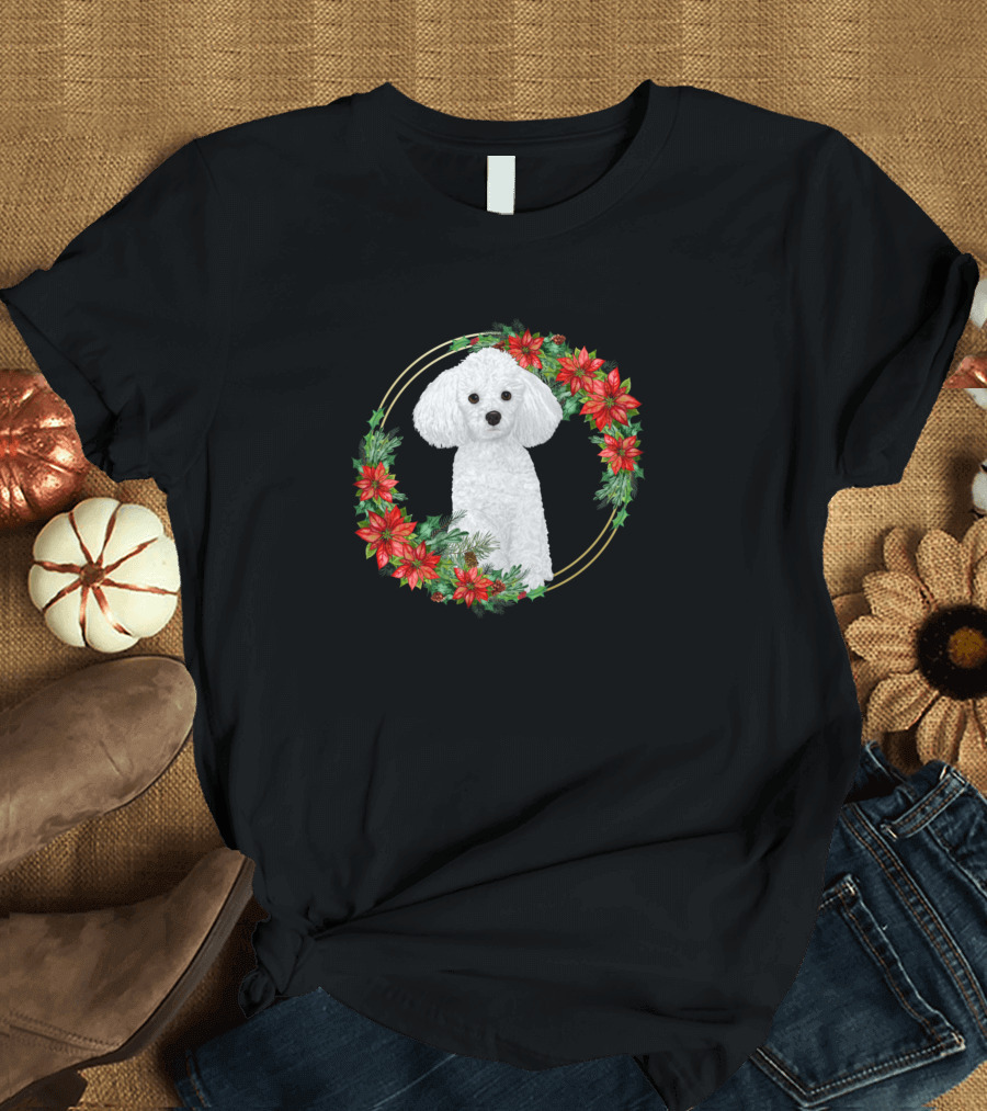 Cute Christmas Maltese Poodle Dog Red Floral Wreath T-Shirt