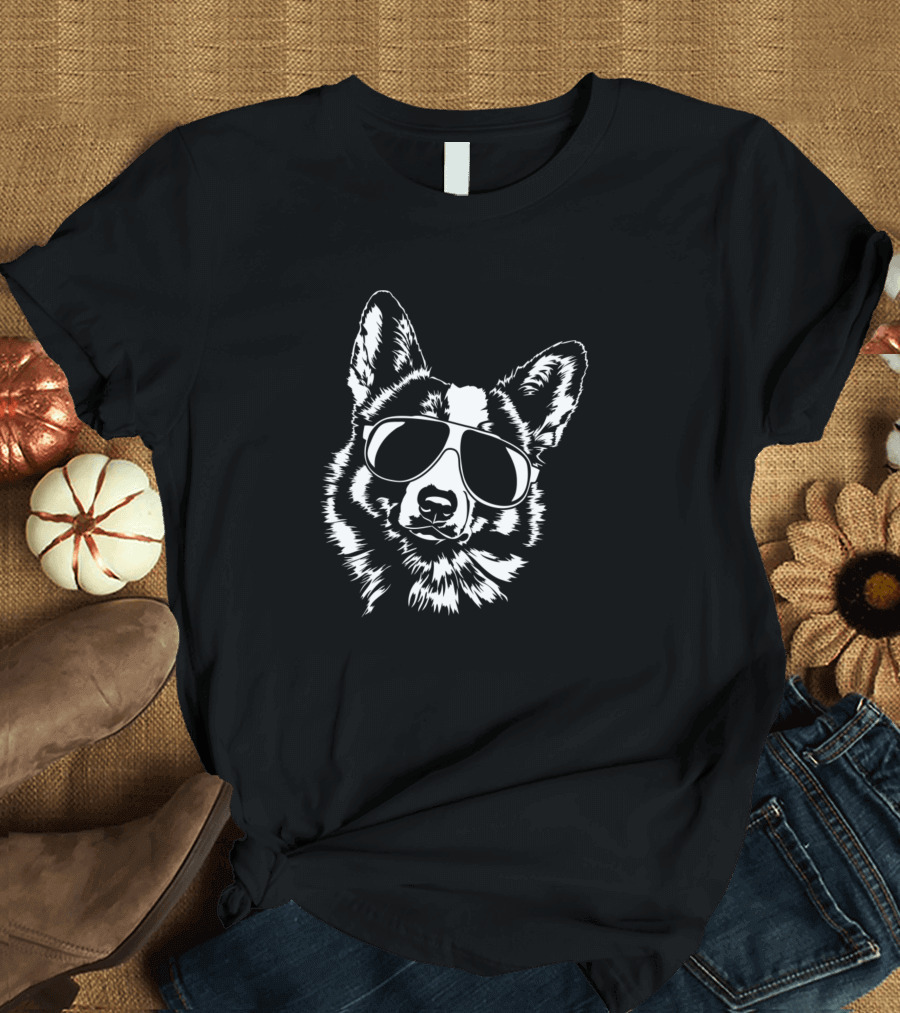 Funny Welsh Corgi Sunglasses Cool Dog Black and White Sketch T-Shirt