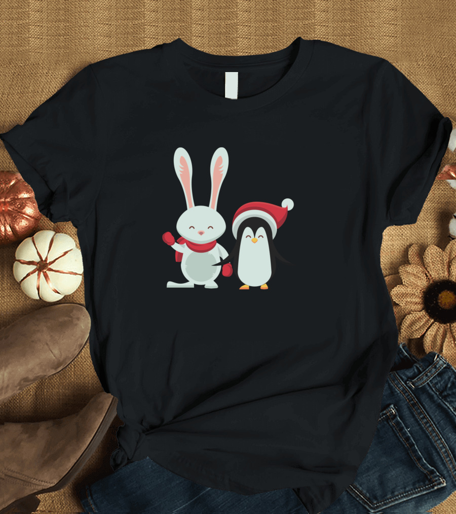 Penguin and Bunny in Santa Hats Celebrating Together T-Shirt