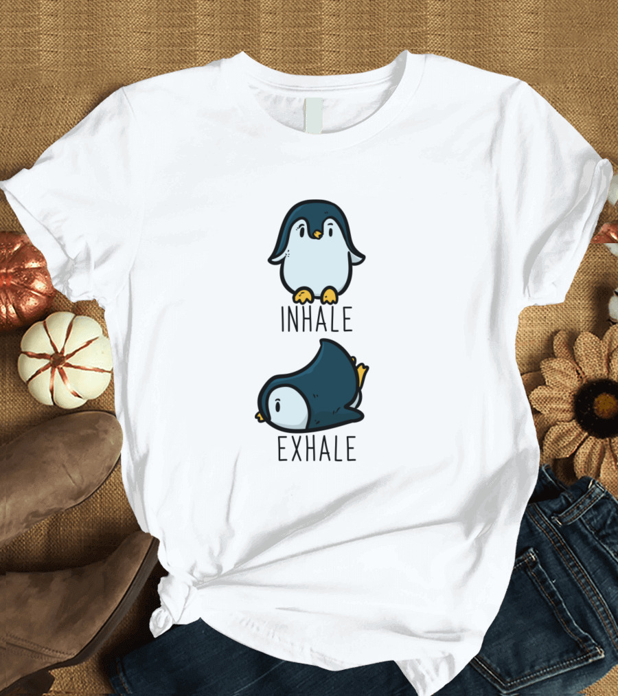 Penguin Inhale Exhale Funny Cartoon Poses T-Shirt