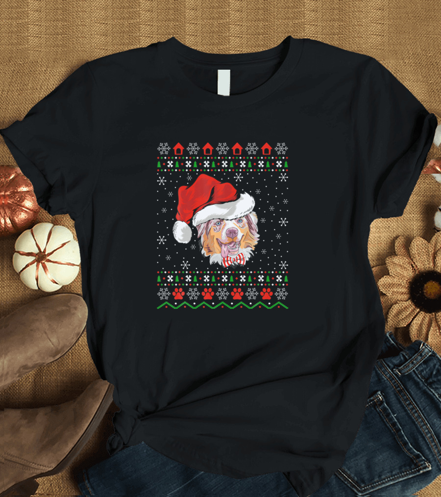 Shepherd Xmas Ugly Australian Shepherd Santa Hat Festive T-Shirt