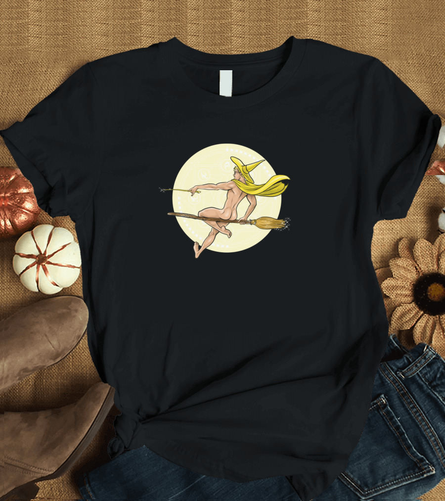 Witch Boy Yellow Topaz Riding Broom with Moon Background T-Shirt