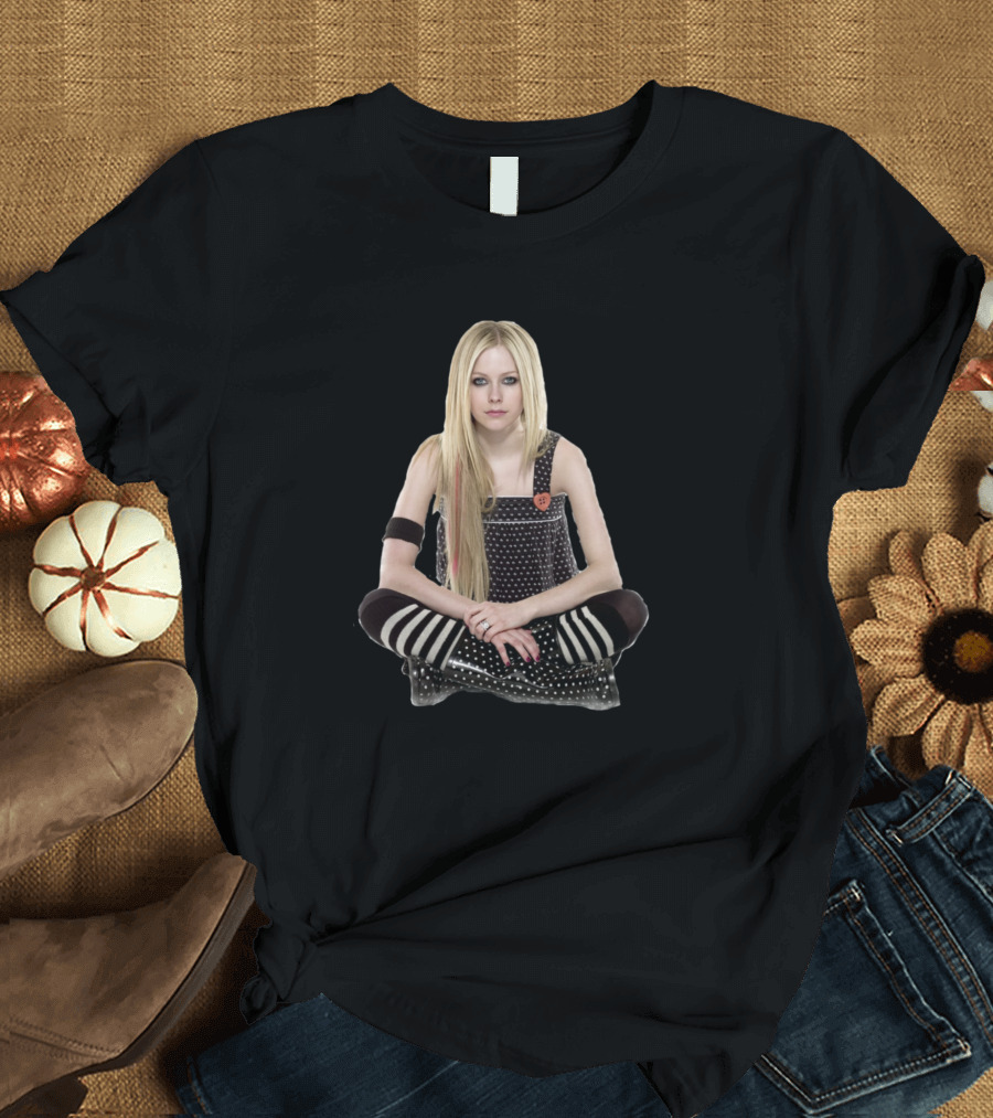 Avril Lavigne Polka Dot Outfit Striped Socks Sitting Pose T-Shirt
