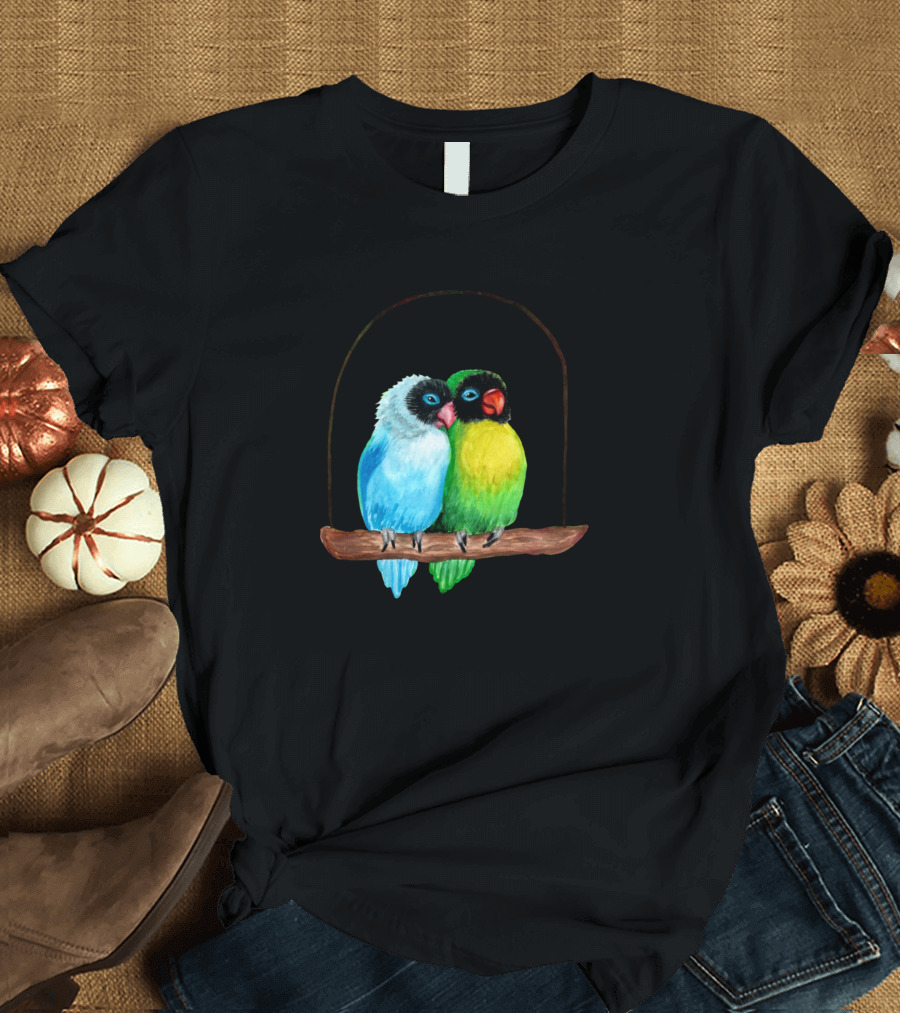 Cute Lovebirds Watercolor Painting on Perch T-Shirt