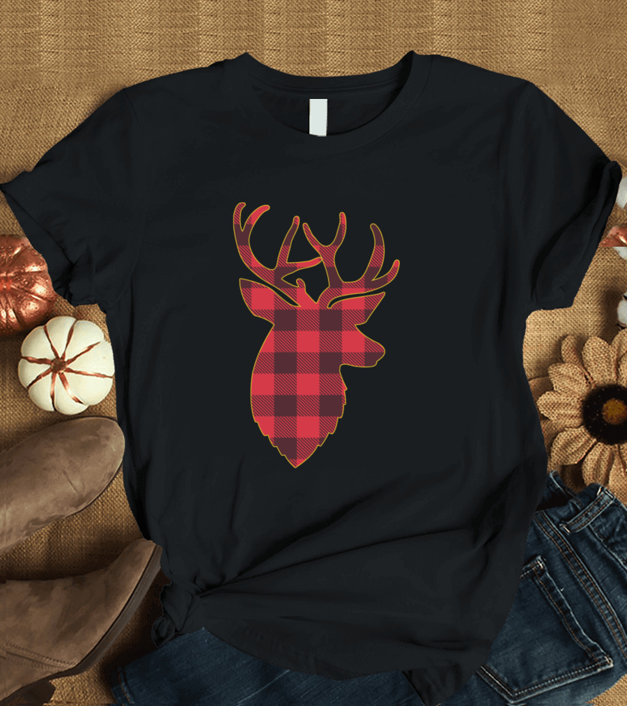 Deer Head Red Buffalo Plaid Checkered T-Shirt