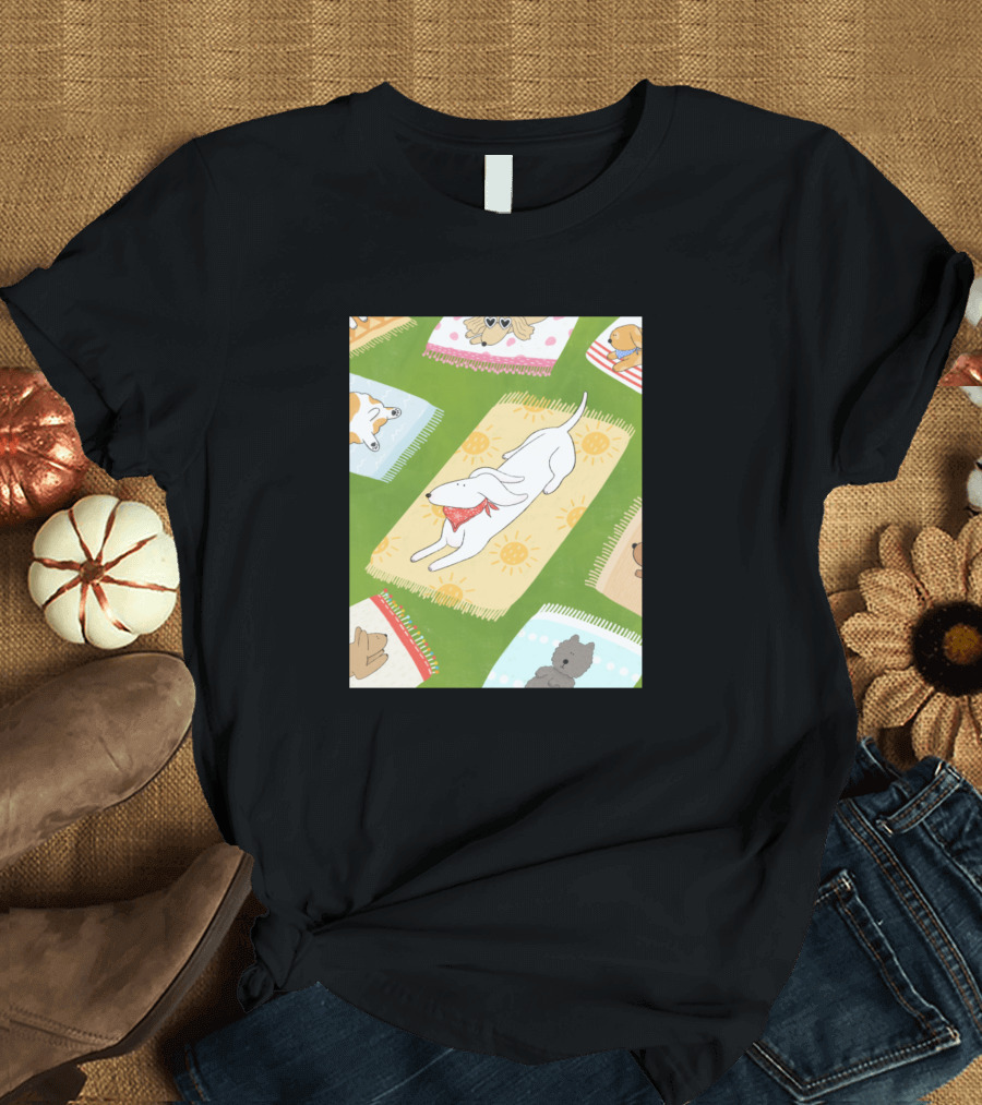 Dog Days Sunbathing on Colorful Beach Towels with Playful Pups T-Shirt