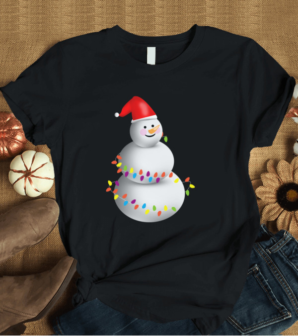 T-Shirt: Merry Christmas Snowman with Santa Hat and Colorful Christmas Lights T-Shirt Merry Christmas Snowman with Santa Hat and Colorful Christmas Lights T-Shirt