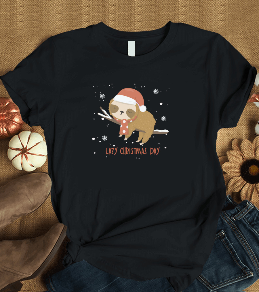 Lazy Christmas Day Santa Hat Sloth Snowflake Merry Slothmas T-Shirt
