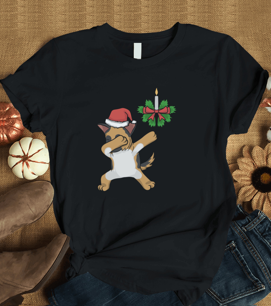 Cute Christmas Dabbing German Shepherd Dog with Santa Hat and Candle Wreath T-Shirt
