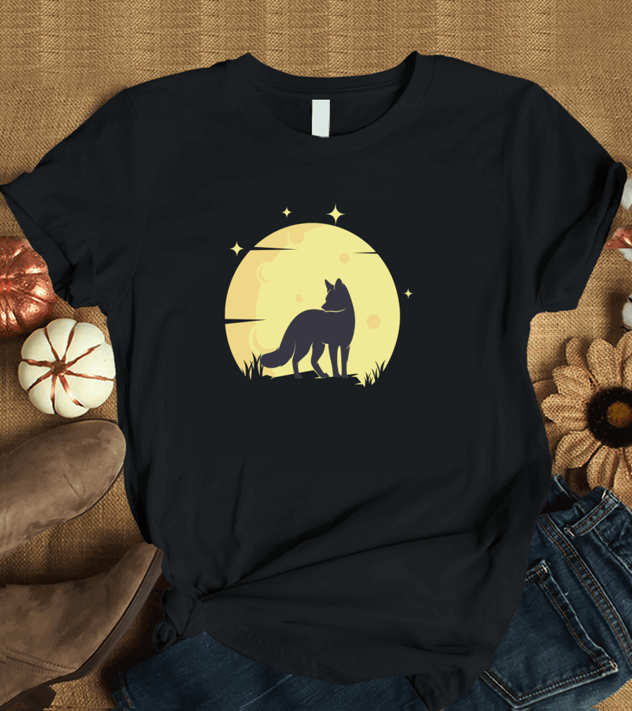 Fox Silhouette Against a Starry Crescent Moon T-Shirt