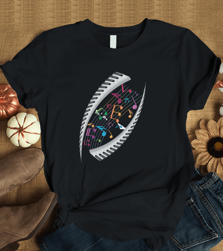 Love Piano Musical Notes with Piano Keys Background T-Shirt