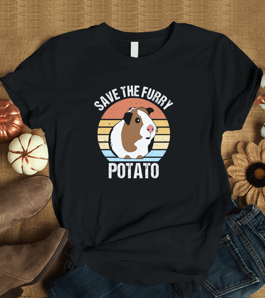 Save The Furry Potato Guinea Pig Retro Sunset T-Shirt
