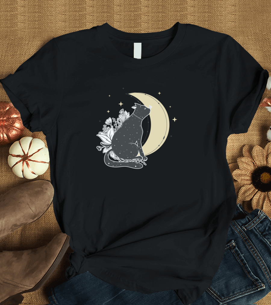 The Cat and the Moon Floral Night Sky T-Shirt