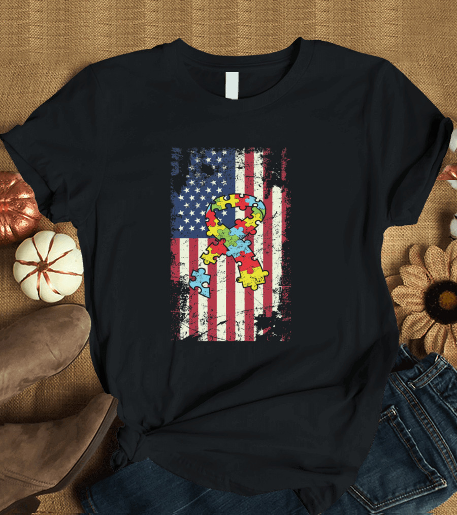 Autism Awareness American Flag Distressed Puzzle T-Shirt
