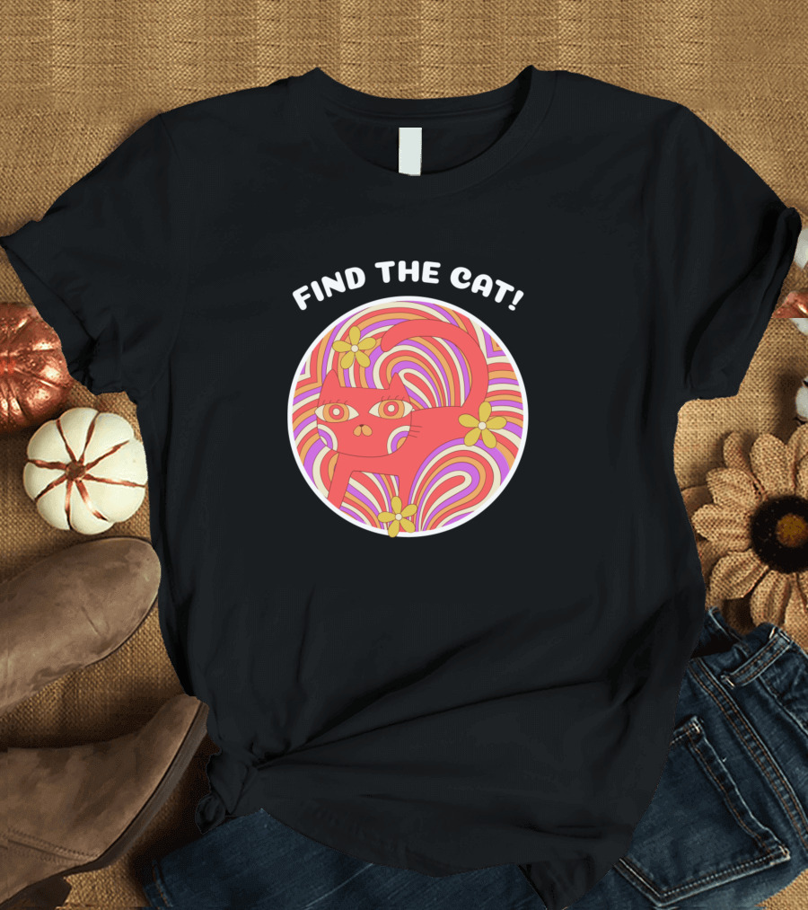 FIND THE CAT Retro Groovy Colorful Flowers T-Shirt