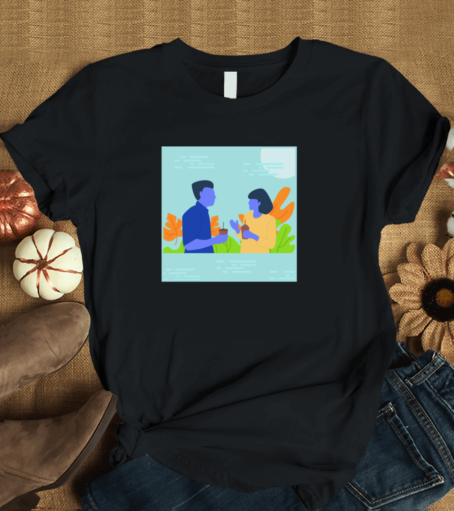 Flat Illustration of Two People Talking with Tropical Leaves Background T-Shirt