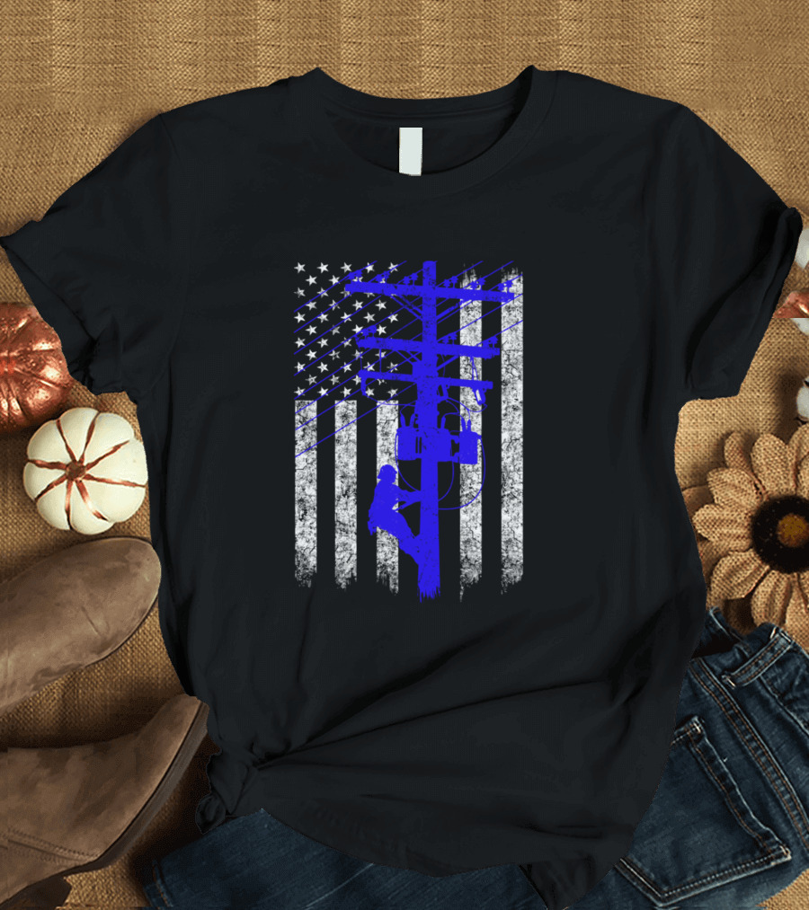 American Flag Lineman Blue Line Poleworker U.S. Flag T-Shirt