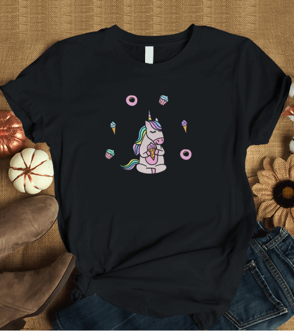 T-Shirt: Cute Unicorn Meditating with Desserts and Ice Cream T-Shirt Cute Unicorn Meditating with Desserts and Ice Cream T-Shirt