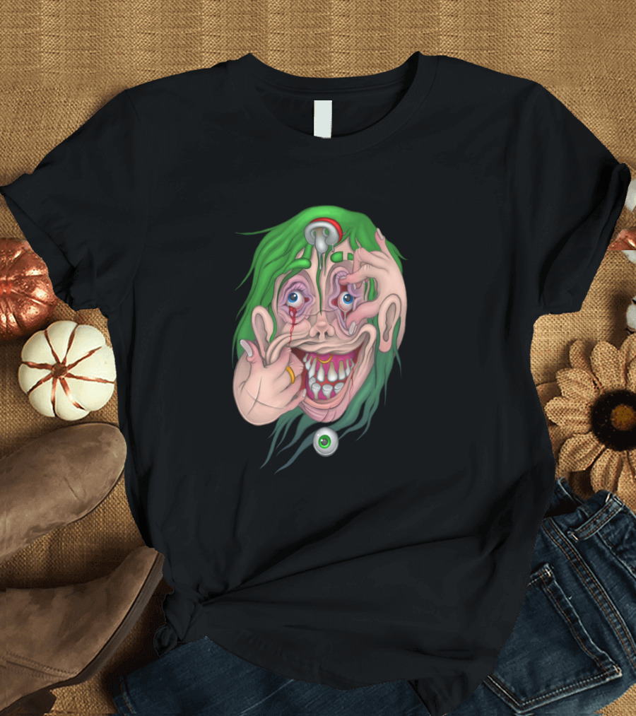 Falling Apart Surreal Green Hair Face With Distorted Expression and Eyeball T-Shirt