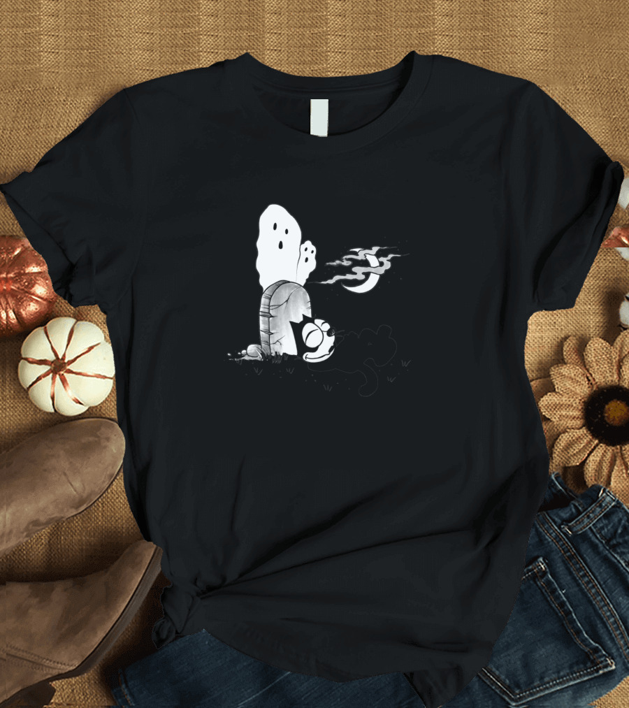 Felix the Cat Sleeping by Grave with Ghosts and Moon T-Shirt