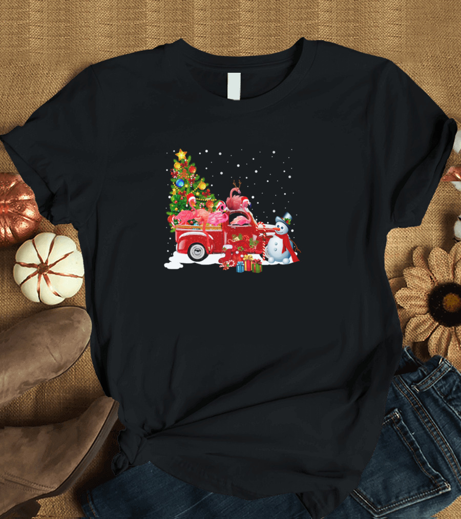 Flamingos in Red Truck with Christmas Tree and Funny Santa Snowman T-Shirt