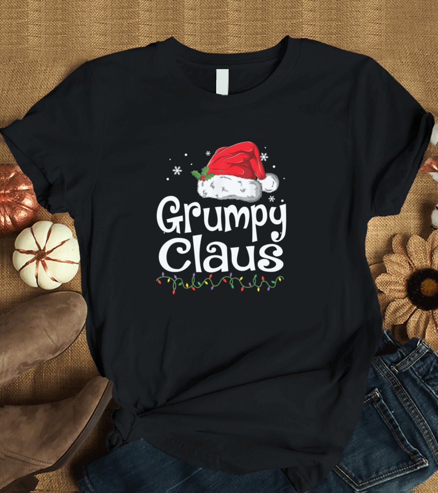 Grumpy Claus Christmas Santa Hat with Holiday Lights and Snowflakes T-Shirt