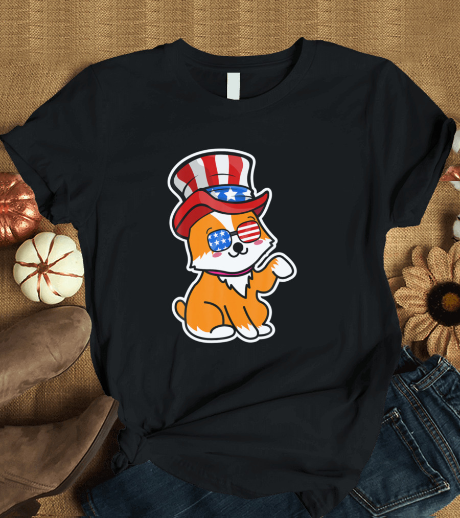 Kawaii Corgi with Patriotic American Flag Sunglasses and Hat T-Shirt