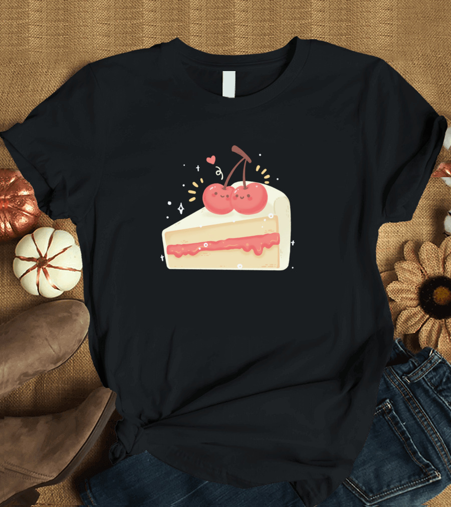 Whimsical Cherry Cake Slice with Happy Cherries and Sparkles T-Shirt