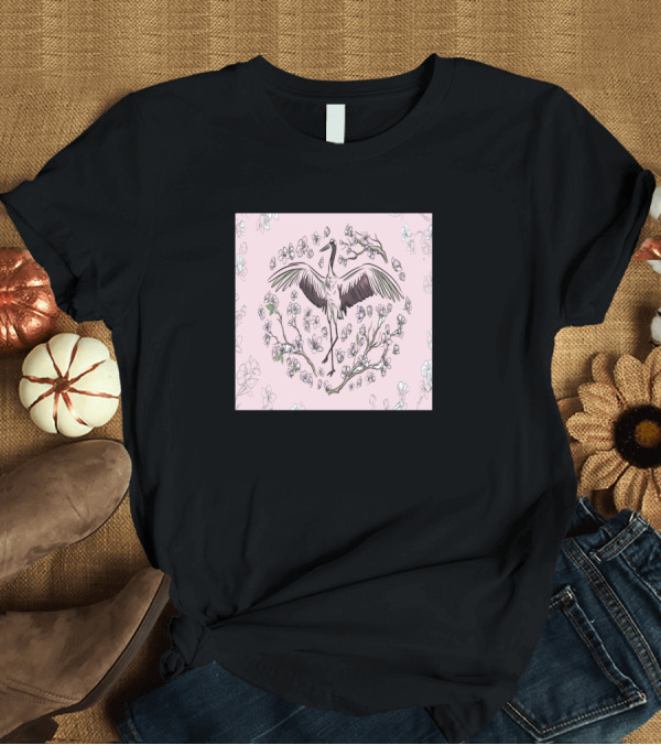 T-Shirt: Floral Pattern Chinese Asian Birds Crane with Blossoms T-Shirt Floral Pattern Chinese Asian Birds Crane with Blossoms T-Shirt