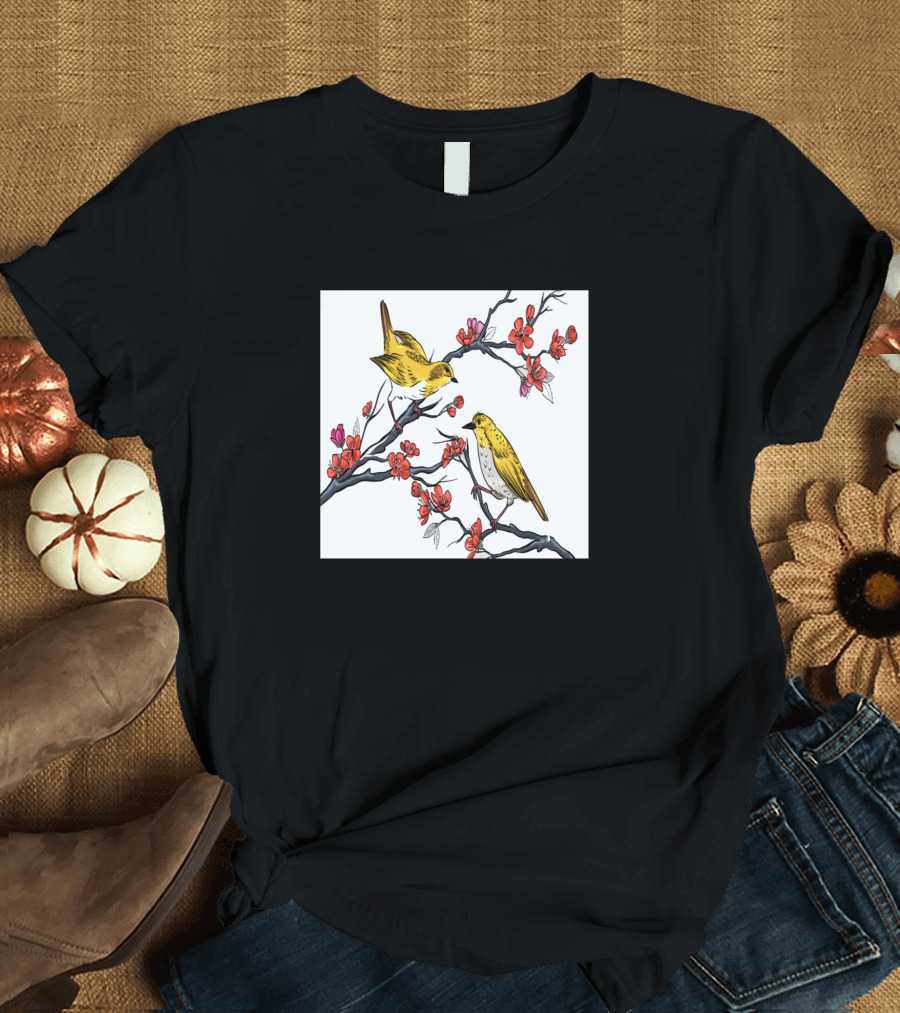 Flower Bed Chinese Birds with Blossoms T-Shirt