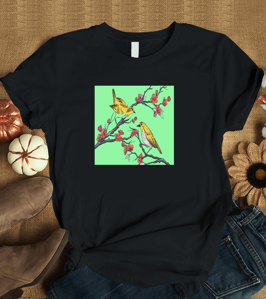 Flowers Botanical Branches Asian Birds T-Shirt